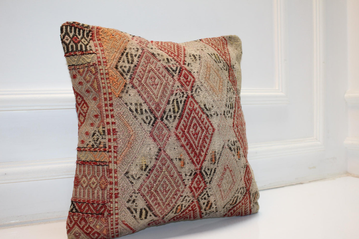 Red Beige Anatolian Cushion, Geometric Boho Decor, Handwoven Look Decorative Pillow (16x16 in)