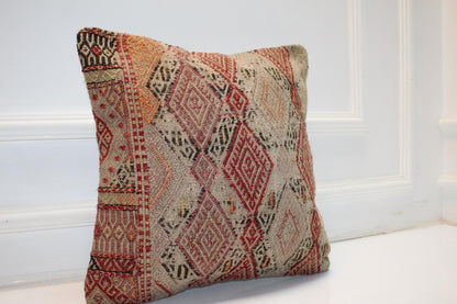 Red Beige Anatolian Cushion, Geometric Boho Decor, Handwoven Look Decorative Pillow (16x16 in)