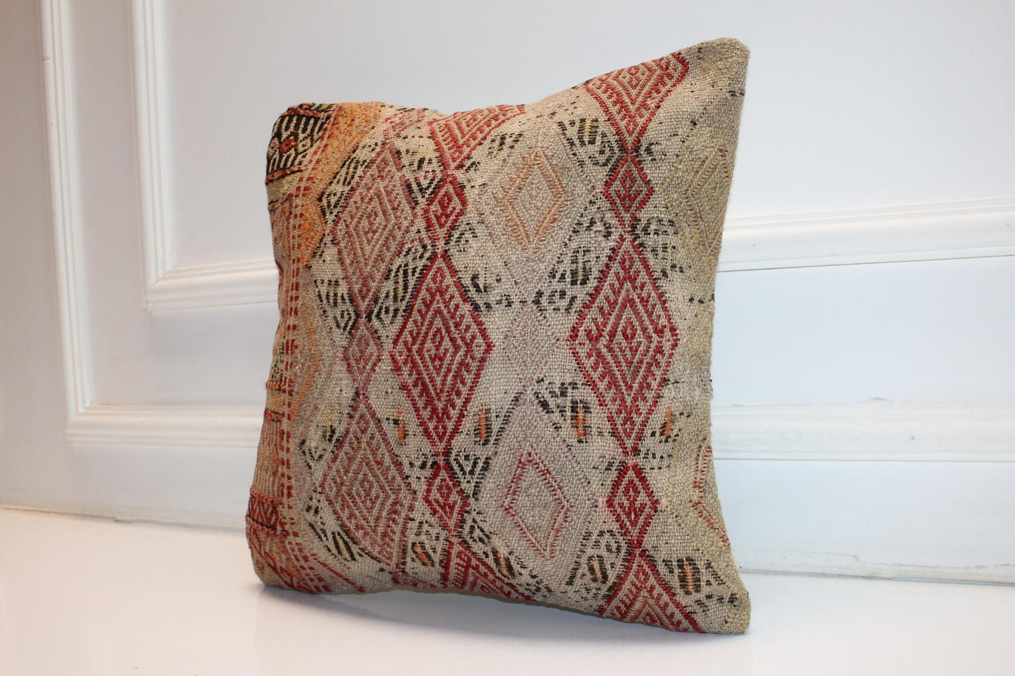 Red Beige Anatolian Cushion, Geometric Boho Decor, Handwoven Look Decorative Pillow (16x16 in)