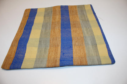 Blue Mustard Striped Cushion, Minimal Boho Textile Accent, Handmade Style Decor(16x16 in)