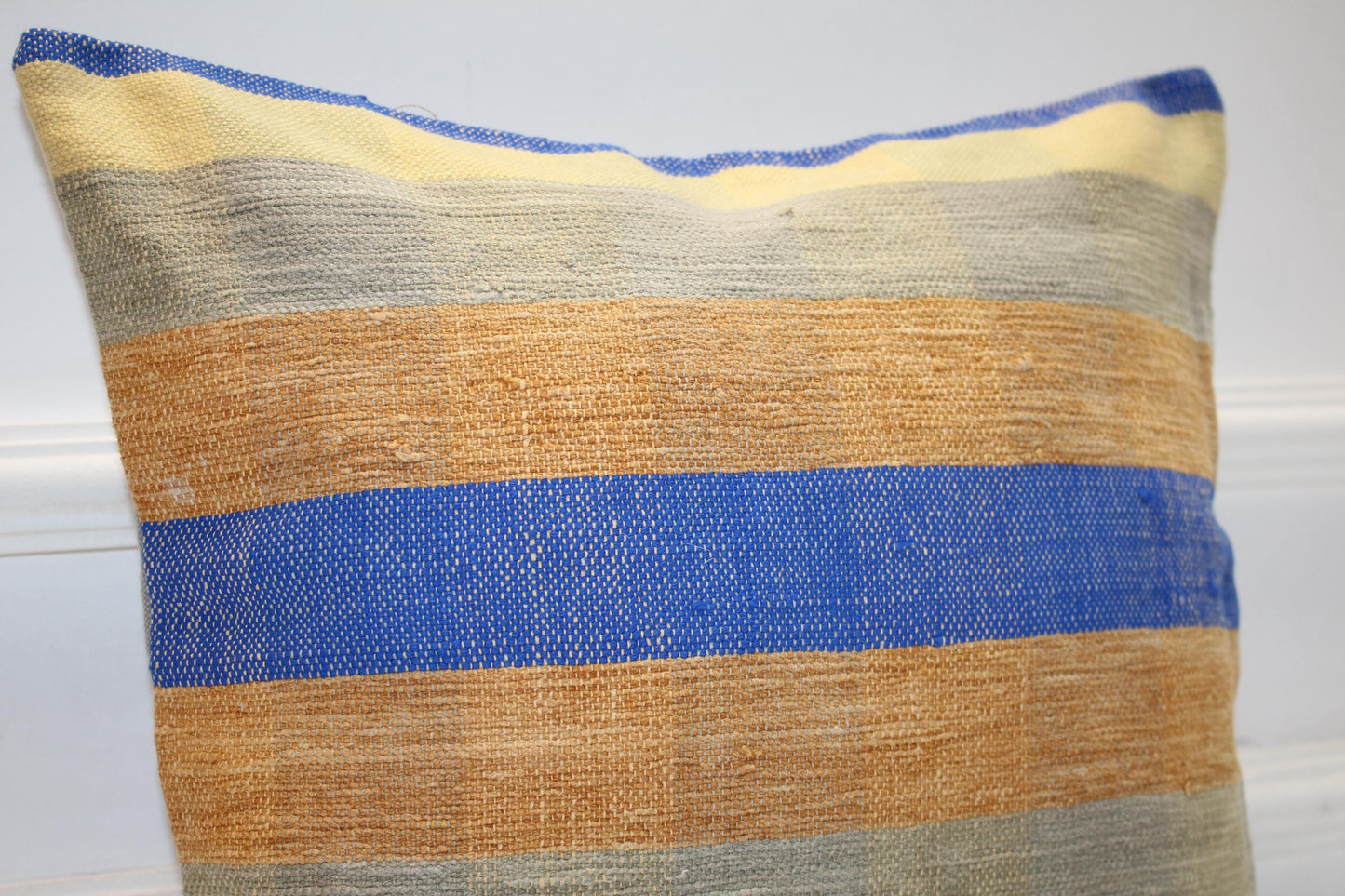 Blue Mustard Striped Cushion, Minimal Boho Textile Accent, Handmade Style Decor(16x16 in)