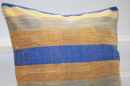 Blue Mustard Striped Cushion, Minimal Boho Textile Accent, Handmade Style Decor(16x16 in)
