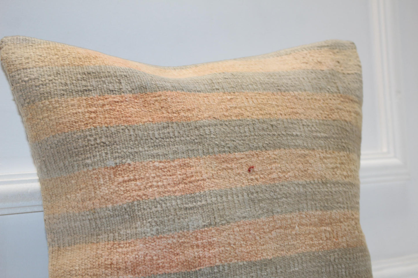 Handmade Kilim Pillow Cover, Peach Sage Striped Wool, Boho Accent (16x16 in)