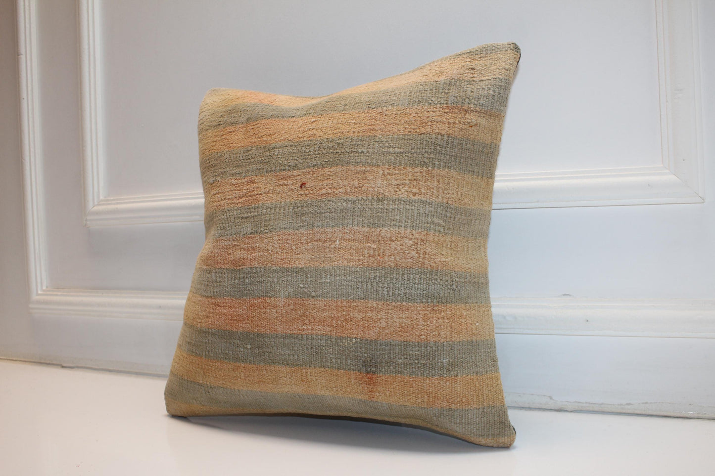 Handmade Kilim Pillow Cover, Peach Sage Striped Wool, Boho Accent (16x16 in)