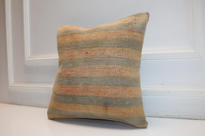 Handmade Kilim Pillow Cover, Peach Sage Striped Wool, Boho Accent (16x16 in)