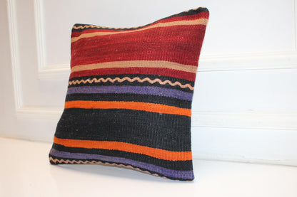 Handmade Kilim Pillow Cover, Red Black Striped Woven Rug (16x16 in)