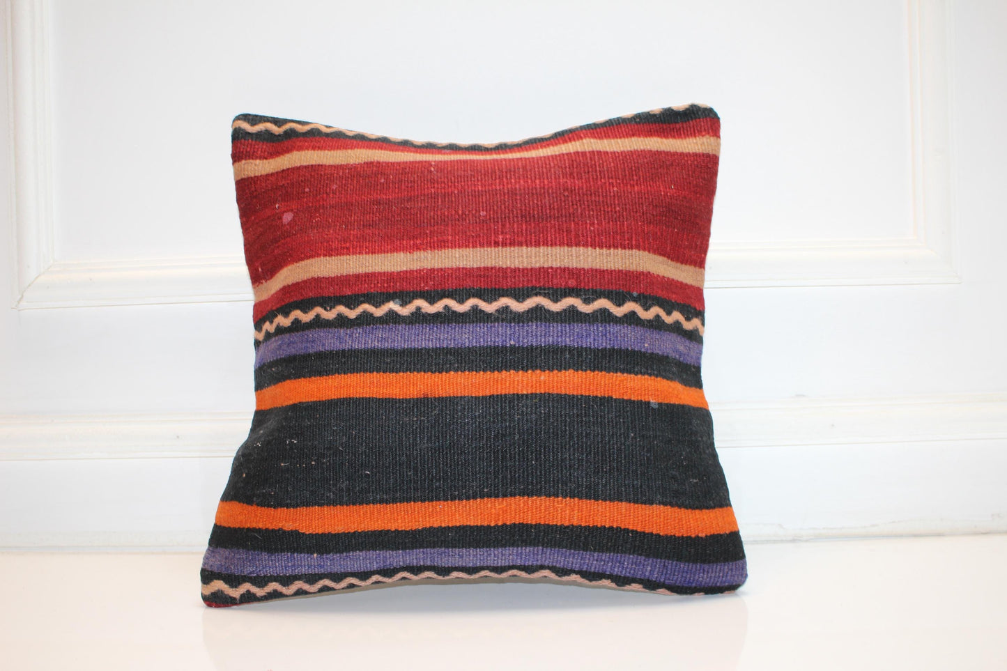 Handmade Kilim Pillow Cover, Red Black Striped Woven Rug (16x16 in)