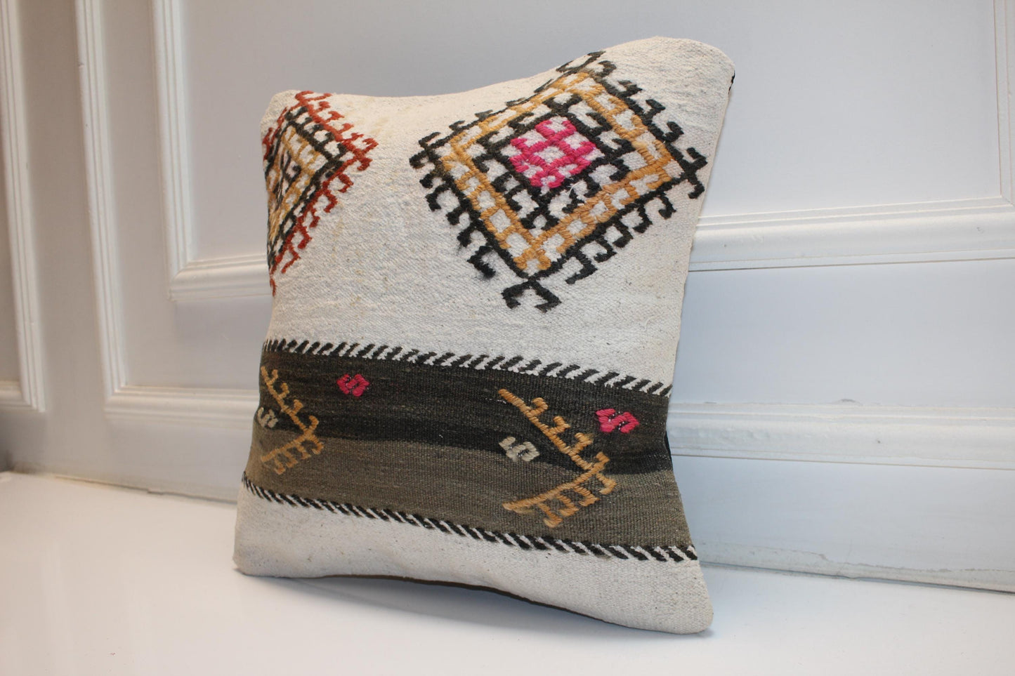 Ivory Tribal Motif Cushion, Nomadic Symbol Textile, Earthy Boho Statement Decor(16x16 in)