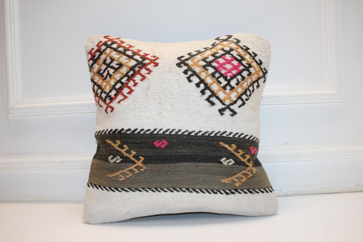 Ivory Tribal Motif Cushion, Nomadic Symbol Textile, Earthy Boho Statement Decor(16x16 in)