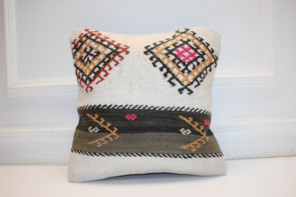 Ivory Tribal Motif Cushion, Nomadic Symbol Textile, Earthy Boho Statement Decor(16x16 in)