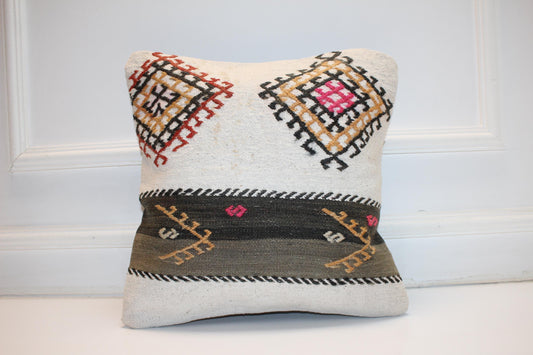Ivory Tribal Motif Cushion, Nomadic Symbol Textile, Earthy Boho Statement Decor(16x16 in)