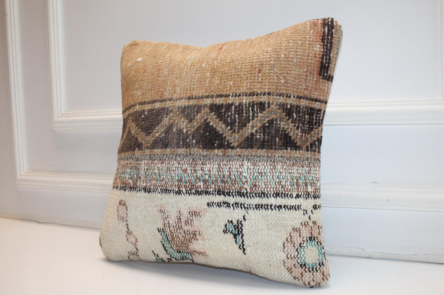 Neutral Tribal Patchwork Cushion, Earth Washed Textile, Organic Boho Home Accent(16x16 in)