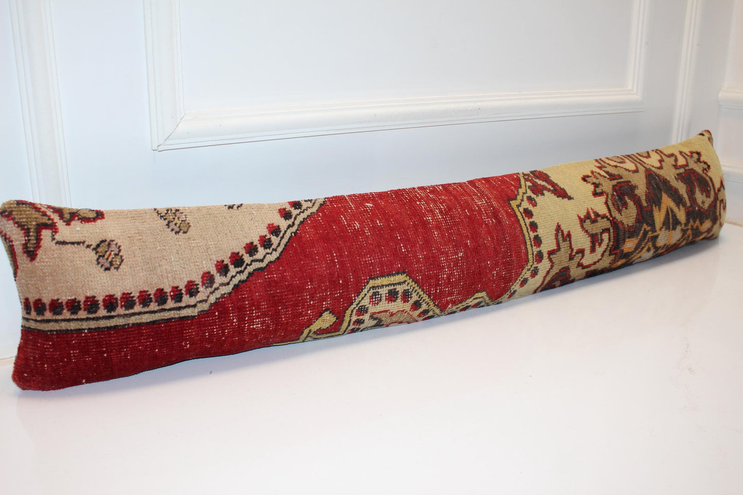 Red & Beige Kilim Cushion, Bold Pattern Long Pillow for Statement Decor