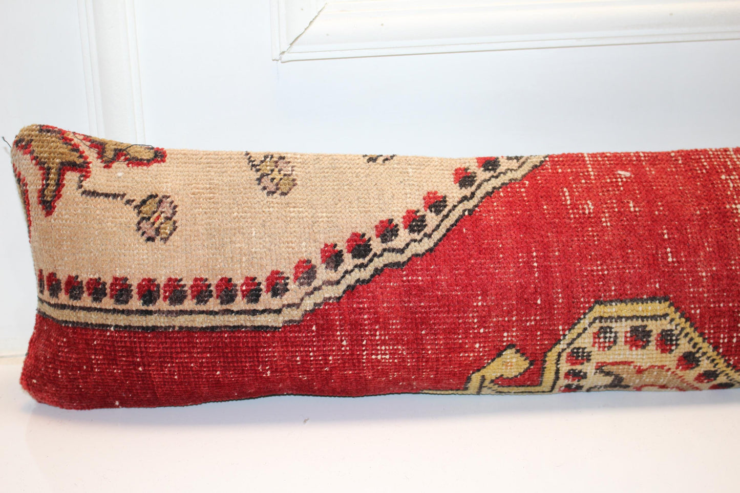 Red & Beige Kilim Cushion, Bold Pattern Long Pillow for Statement Decor