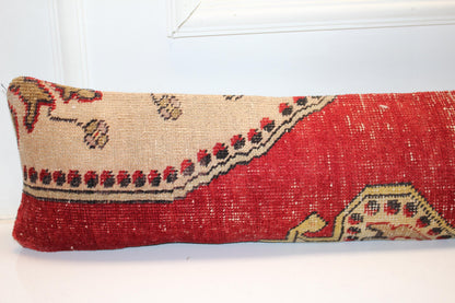 Red & Beige Kilim Cushion, Bold Pattern Long Pillow for Statement Decor
