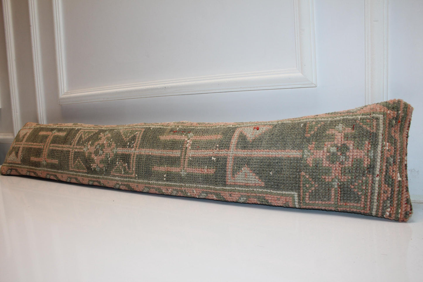Geometric Kilim Cushion in Olive & Blush Tones, Long Earthy Decor Pillow