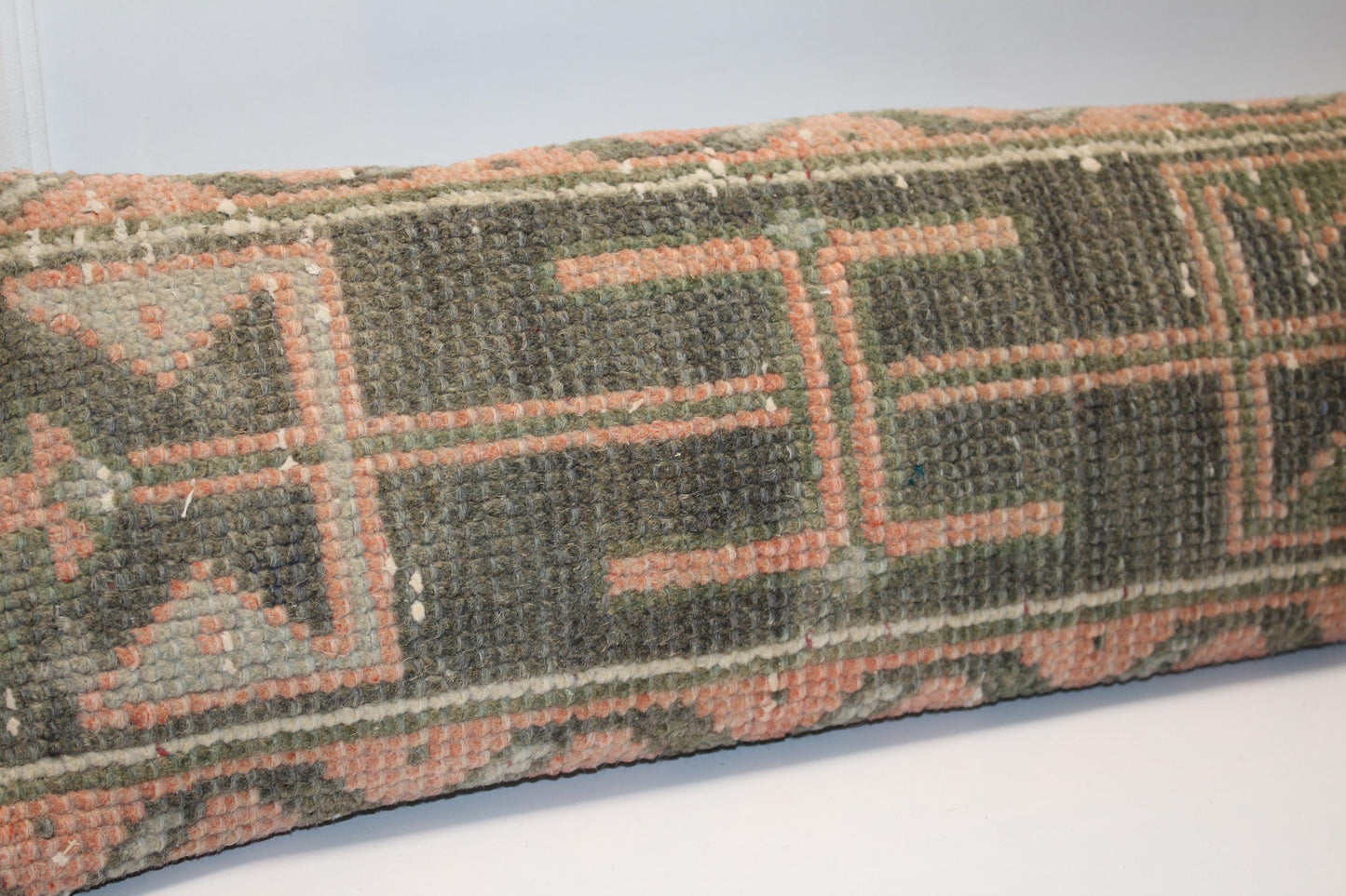 Geometric Kilim Cushion in Olive & Blush Tones, Long Earthy Decor Pillow