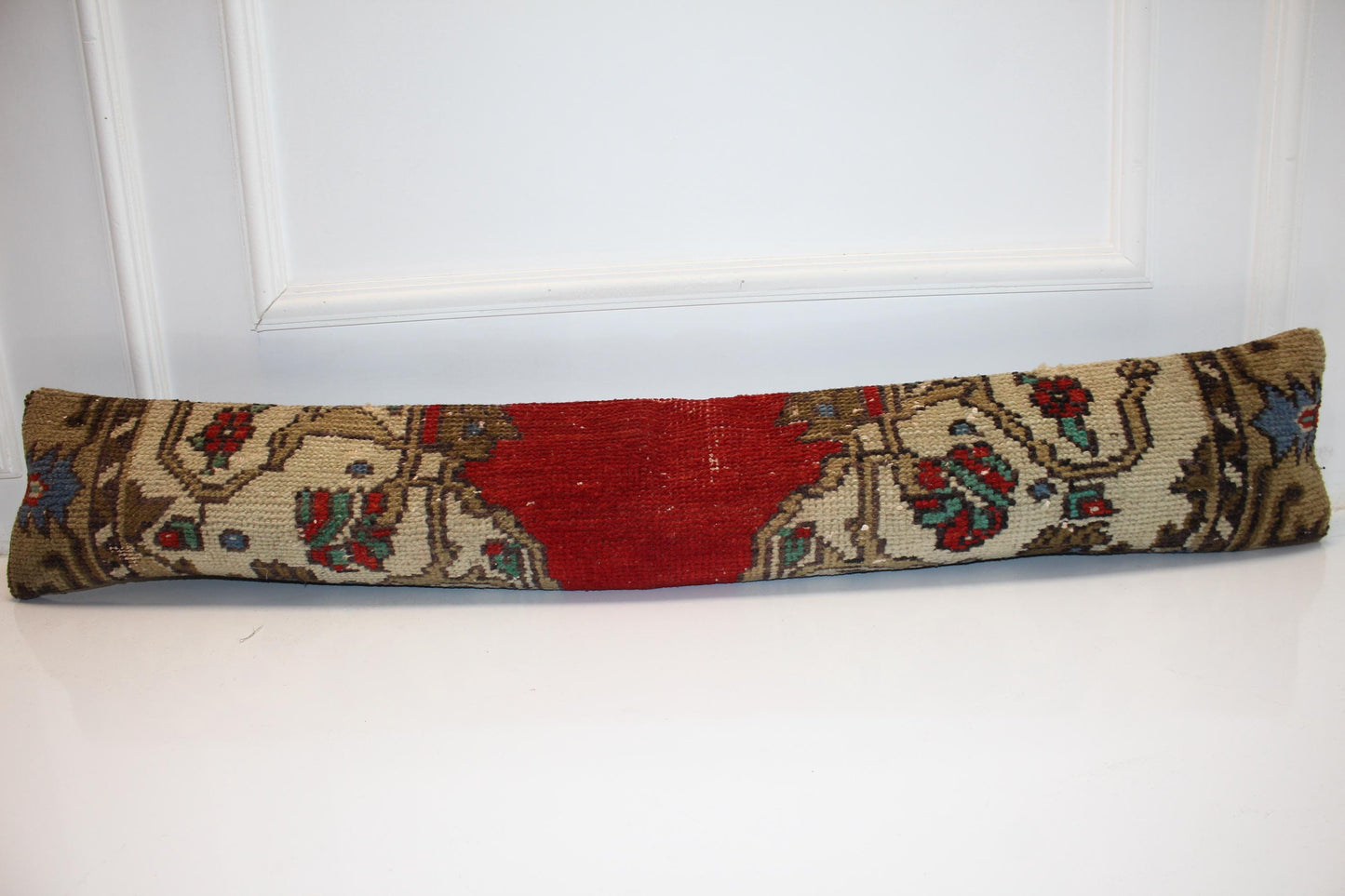 Red Center Boho Bench Cushion, Handwoven Anatolian Rug Pillow