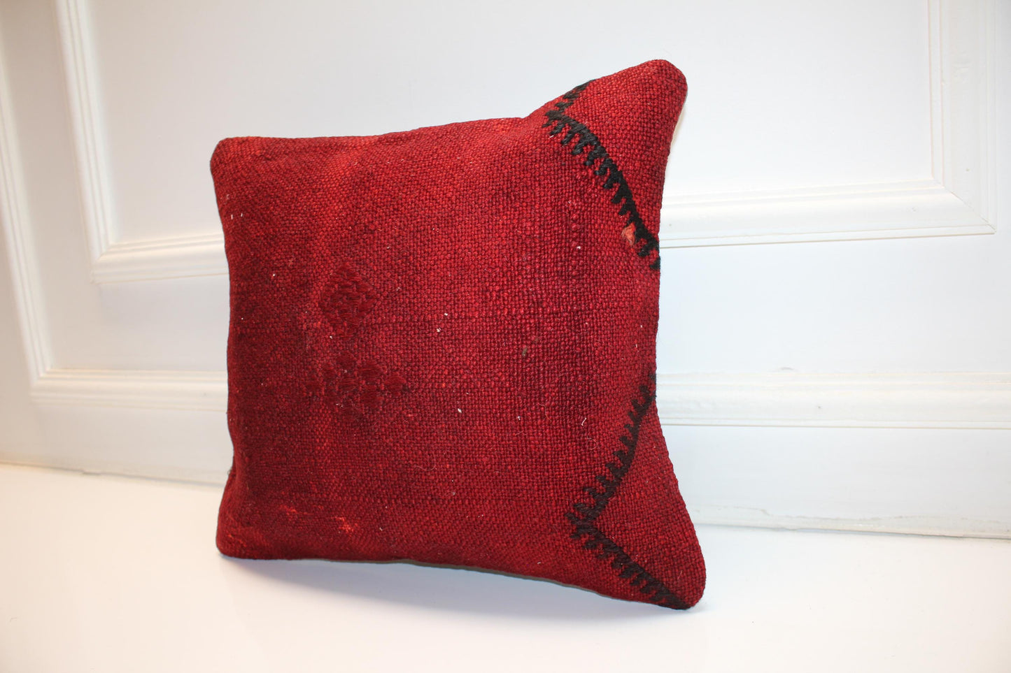 Red Boho Cushion, Minimal Rustic Anatolian Kilim Pillow, Handwoven Look Home Decor (16x16 in)