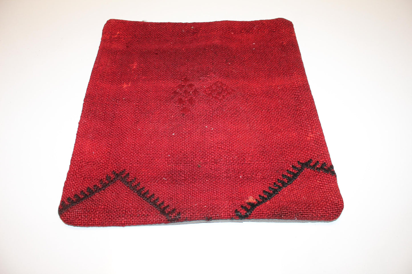 Red Boho Cushion, Minimal Rustic Anatolian Kilim Pillow, Handwoven Look Home Decor (16x16 in)
