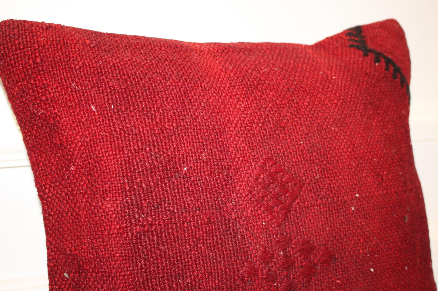 Red Boho Cushion, Minimal Rustic Anatolian Kilim Pillow, Handwoven Look Home Decor (16x16 in)