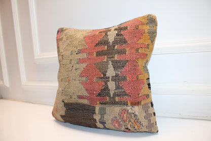 Geometric Boho Cushion, Anatolian Tribal Kilim Pillow, Earth Tone Rustic Home Decor(16x16 in)