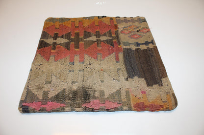 Geometric Boho Cushion, Anatolian Tribal Kilim Pillow, Earth Tone Rustic Home Decor(16x16 in)