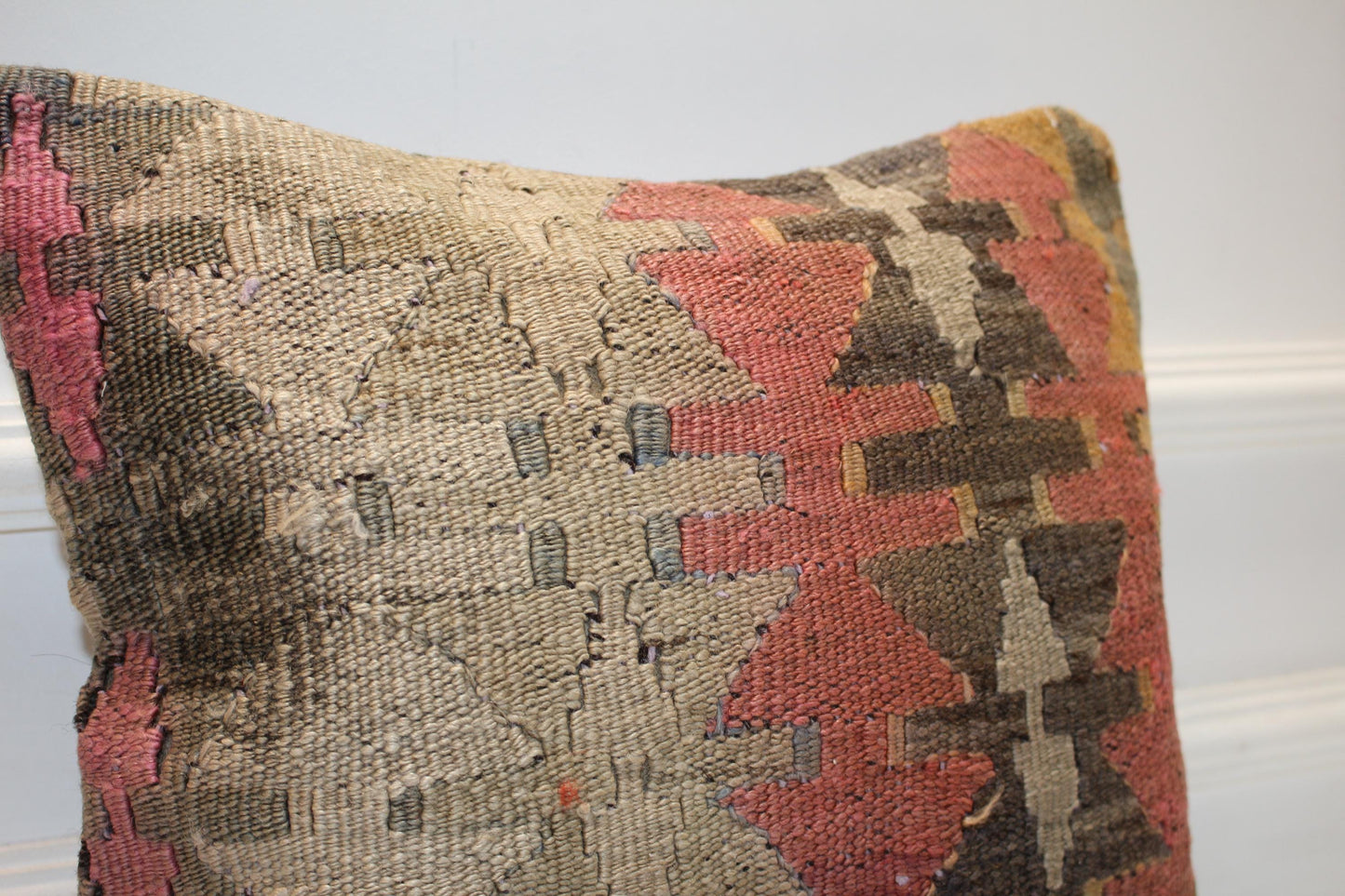 Geometric Boho Cushion, Anatolian Tribal Kilim Pillow, Earth Tone Rustic Home Decor(16x16 in)