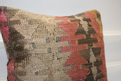 Geometric Boho Cushion, Anatolian Tribal Kilim Pillow, Earth Tone Rustic Home Decor(16x16 in)