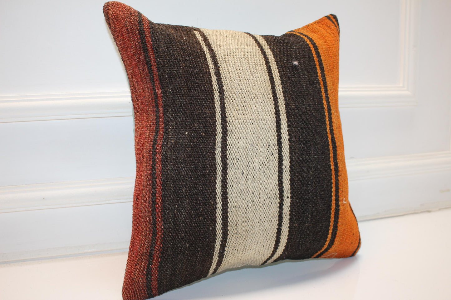Striped Boho Cushion, Rustic Anatolian Kilim Pillow, Earth Tone Home Decor(16x16 in)