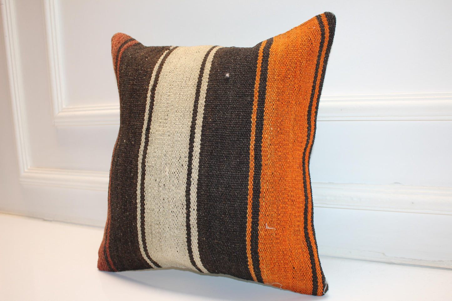 Striped Boho Cushion, Rustic Anatolian Kilim Pillow, Earth Tone Home Decor(16x16 in)
