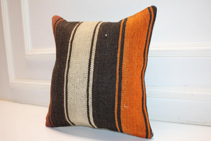 Striped Boho Cushion, Rustic Anatolian Kilim Pillow, Earth Tone Home Decor(16x16 in)