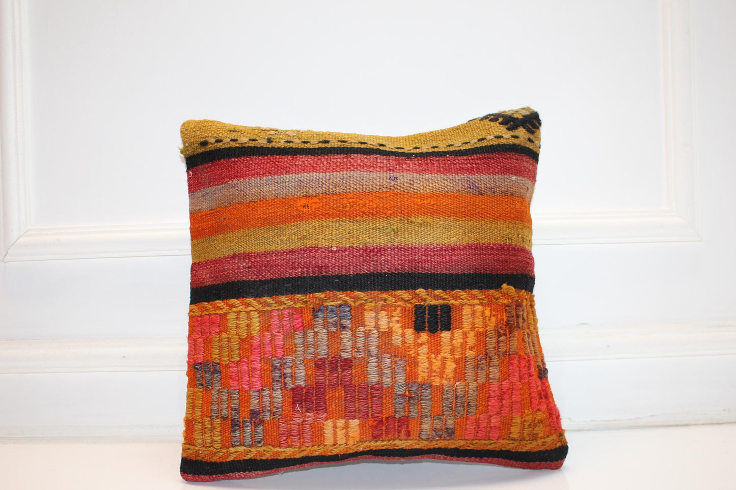 Colorful Striped Boho Cushion, Handwoven Tribal Accent Pillow, Warm Tone Home Decor(16x16 in)