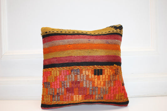 Colorful Striped Boho Cushion, Handwoven Tribal Accent Pillow, Warm Tone Home Decor(16x16 in)