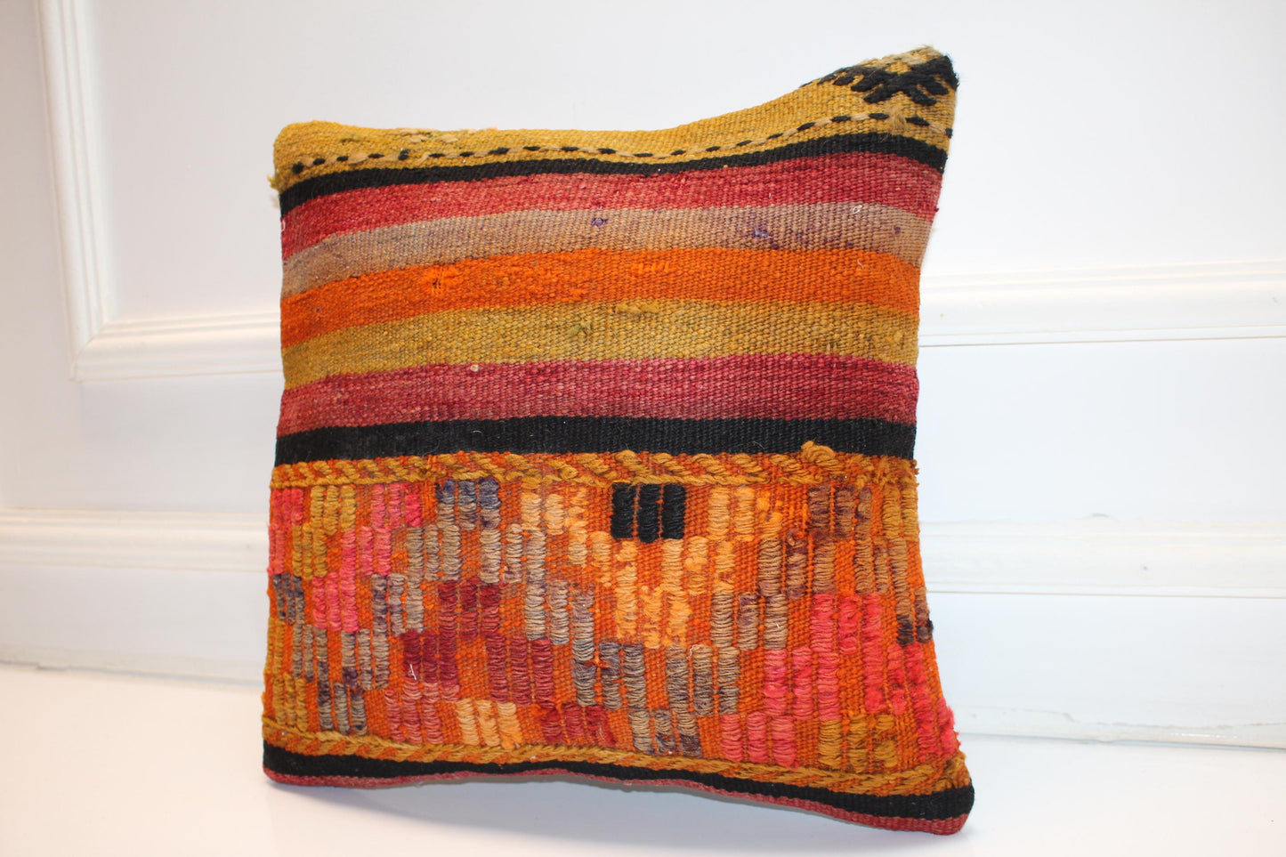 Colorful Striped Boho Cushion, Handwoven Tribal Accent Pillow, Warm Tone Home Decor(16x16 in)