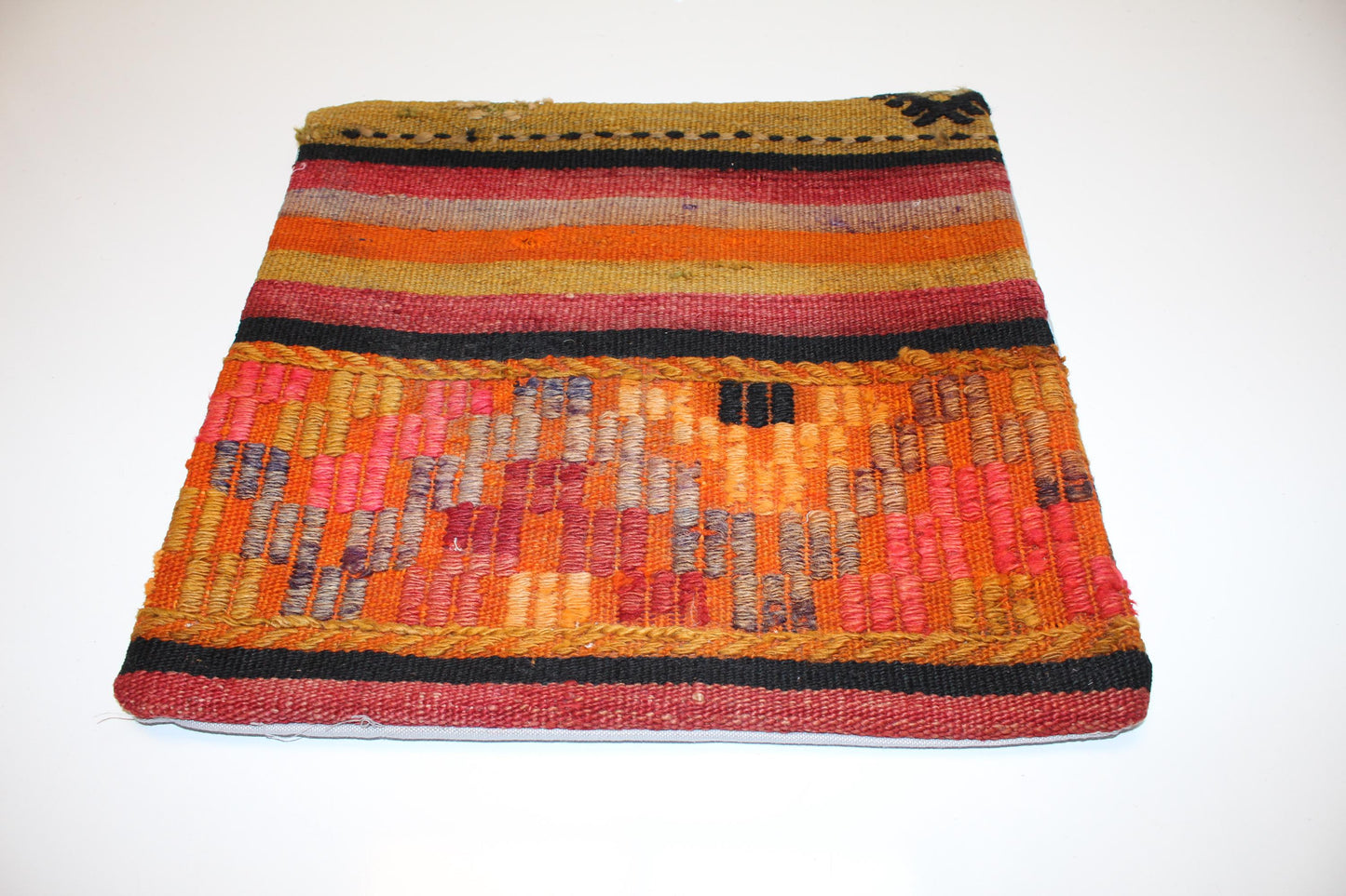 Colorful Striped Boho Cushion, Handwoven Tribal Accent Pillow, Warm Tone Home Decor(16x16 in)