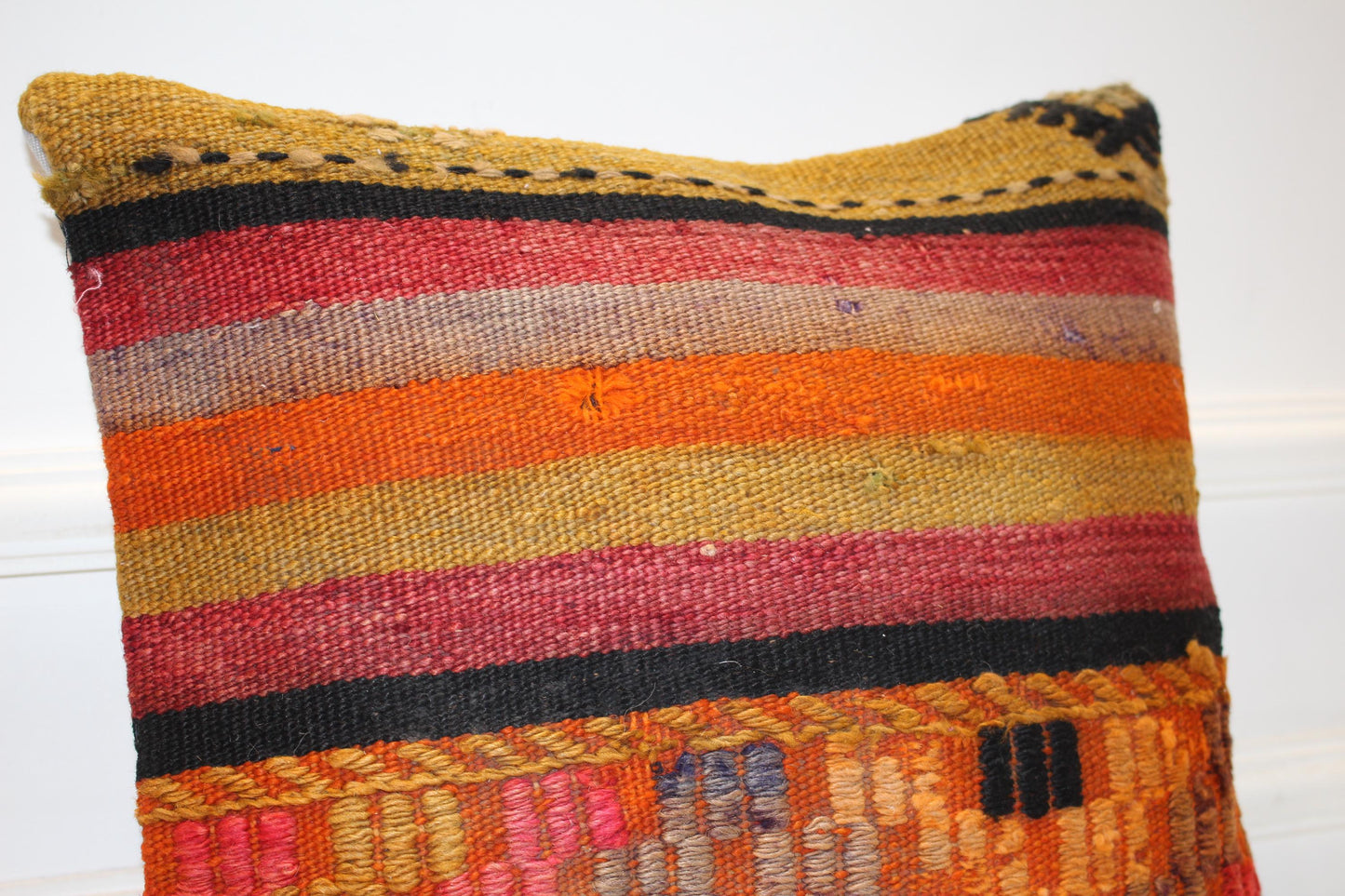 Colorful Striped Boho Cushion, Handwoven Tribal Accent Pillow, Warm Tone Home Decor(16x16 in)