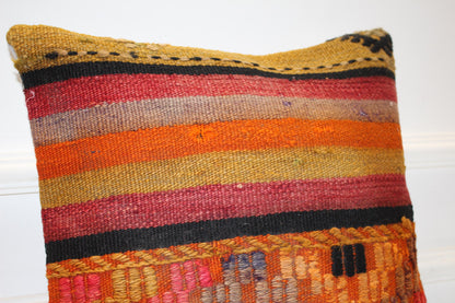 Colorful Striped Boho Cushion, Handwoven Tribal Accent Pillow, Warm Tone Home Decor(16x16 in)