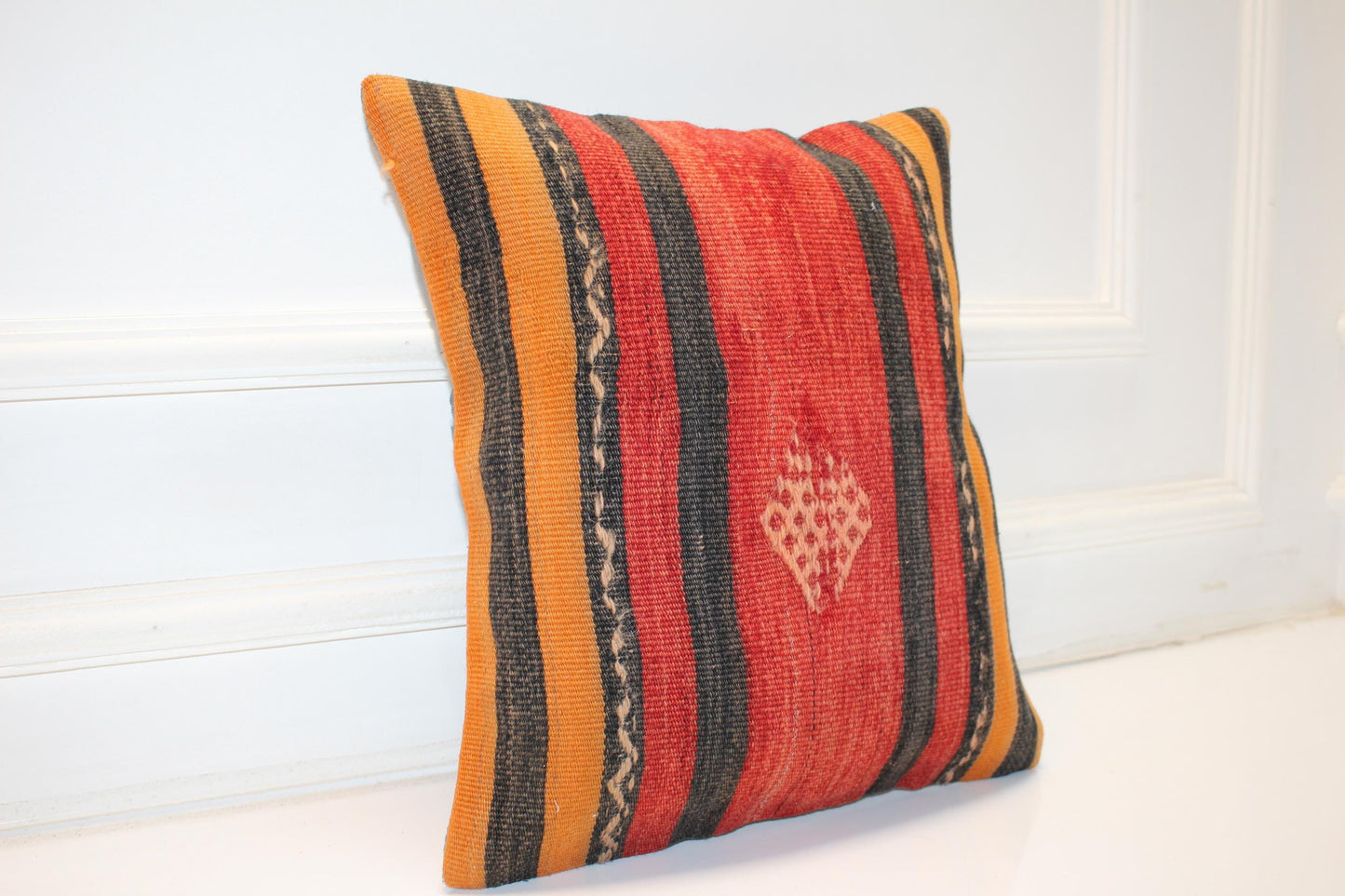 Bold Striped Tribal Cushion, Red Black Handwoven Accent Pillow, Warm Boho Decor(16x16 in)