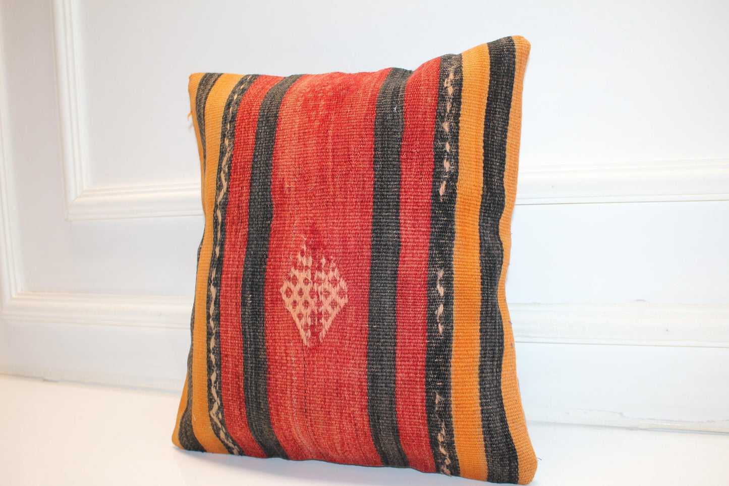Bold Striped Tribal Cushion, Red Black Handwoven Accent Pillow, Warm Boho Decor(16x16 in)