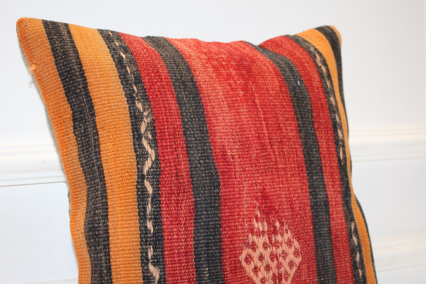 Bold Striped Tribal Cushion, Red Black Handwoven Accent Pillow, Warm Boho Decor(16x16 in)