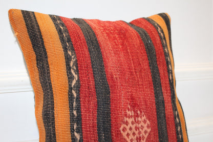 Bold Striped Tribal Cushion, Red Black Handwoven Accent Pillow, Warm Boho Decor(16x16 in)