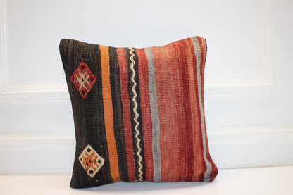 Tribal Stripe Boho Cushion, Handwoven Anatolian Accent Pillow, Warm Rustic Home Decor(16x16 in)