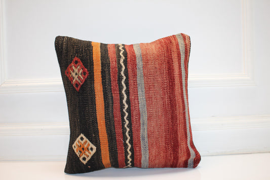 Tribal Stripe Boho Cushion, Handwoven Anatolian Accent Pillow, Warm Rustic Home Decor(16x16 in)