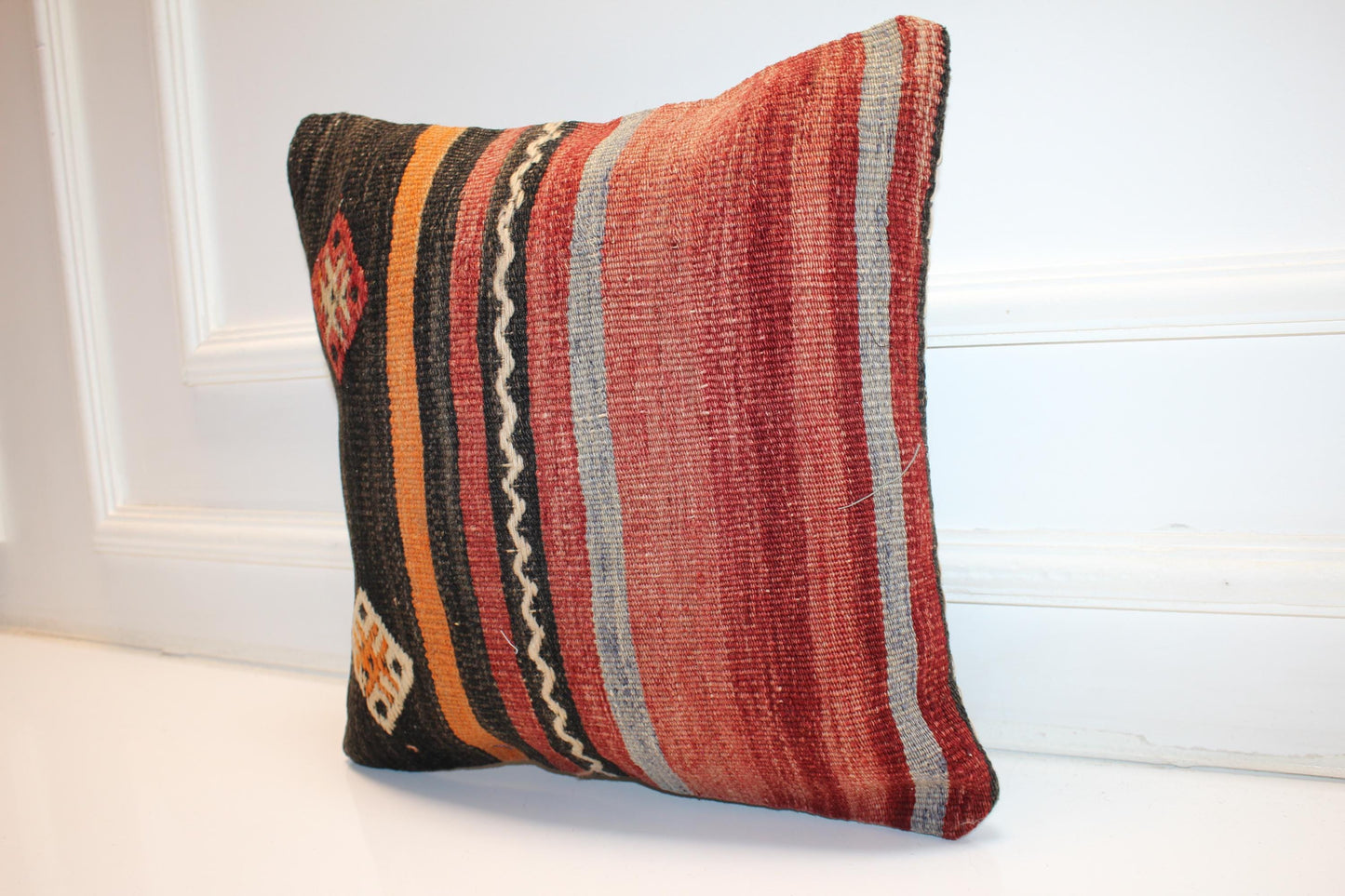 Tribal Stripe Boho Cushion, Handwoven Anatolian Accent Pillow, Warm Rustic Home Decor(16x16 in)