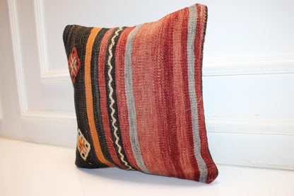 Tribal Stripe Boho Cushion, Handwoven Anatolian Accent Pillow, Warm Rustic Home Decor(16x16 in)