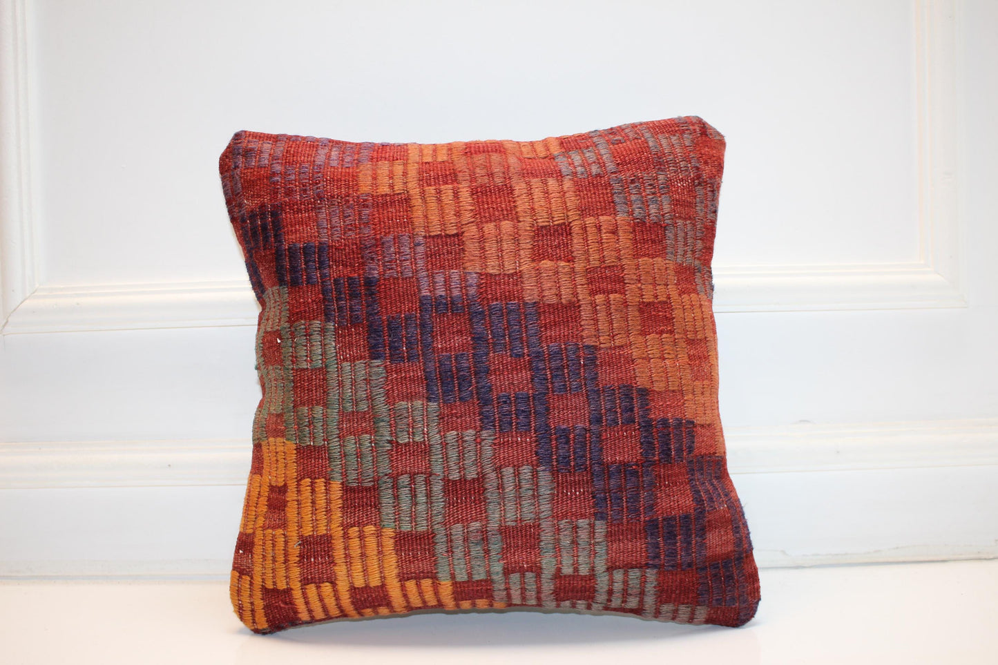 Textured Checkered Boho Cushion, Handwoven Geometric Accent Pillow, Warm Earth Home Decor(16x16 in)