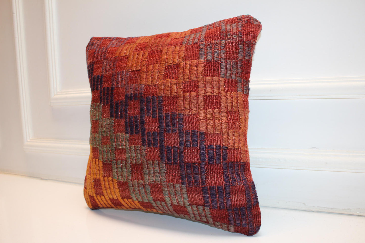Textured Checkered Boho Cushion, Handwoven Geometric Accent Pillow, Warm Earth Home Decor(16x16 in)
