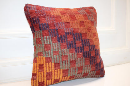 Textured Checkered Boho Cushion, Handwoven Geometric Accent Pillow, Warm Earth Home Decor(16x16 in)