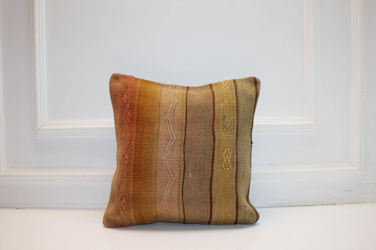 Handwoven Kilim Pillow Cover, Neutral Stripe, Boho Decor (16x16 in)